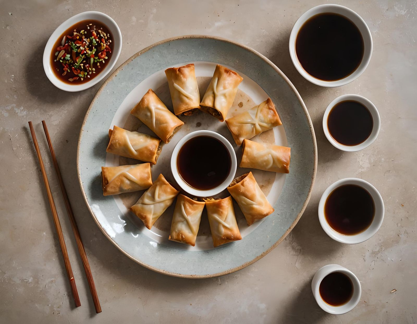 Delicious Eggrolls with Sauces and Tea