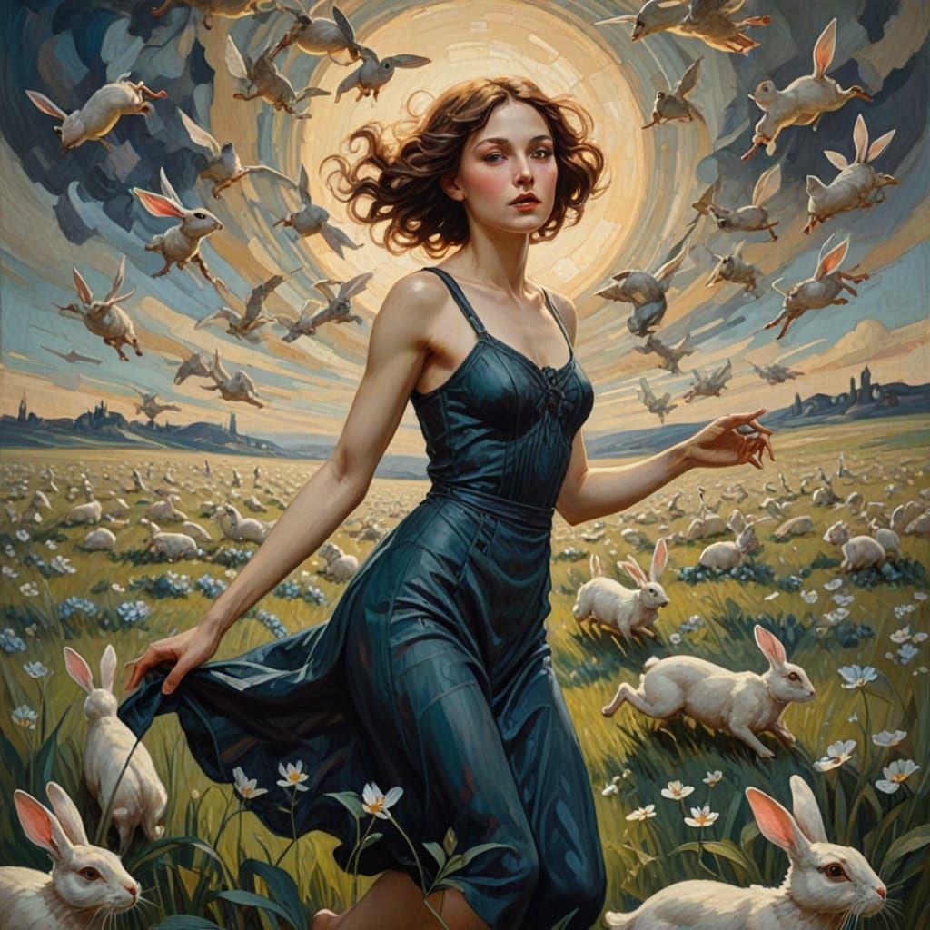 Ethereal Woman Soars Through Rabbit Field in Surrealist Mast...