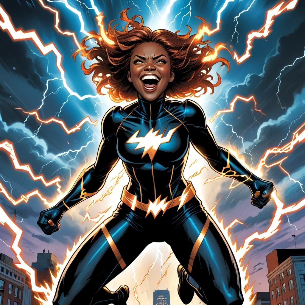 Laughing Woman with Lightning Hair in Comic Book Style