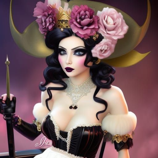 a dark ominous prinzess sitting in a chair , in a lavishly decorated outfit with avant-garde Flowerpunk, Capepunk motifs...