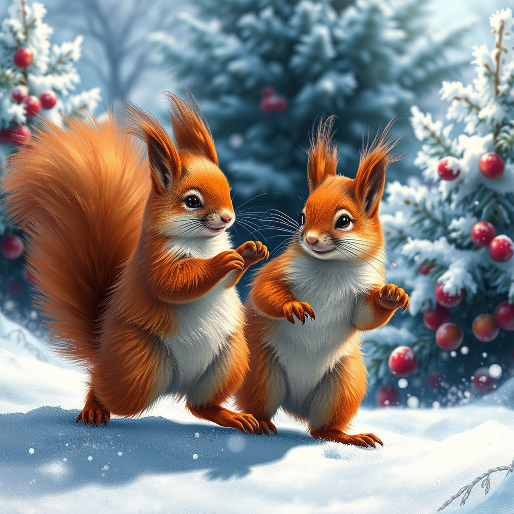 Red Squirrels Play in Winter Wonderland: Hyperrealistic Conc...