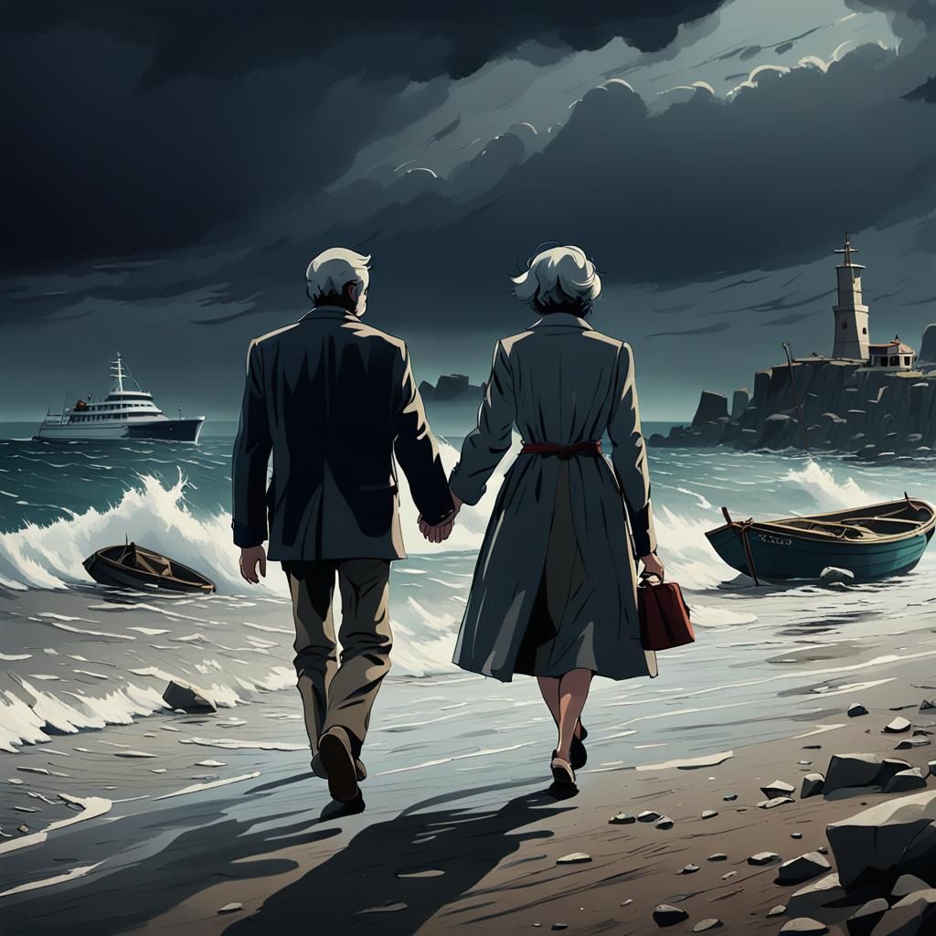 Italian Couple on Stony Beach in Anime Style