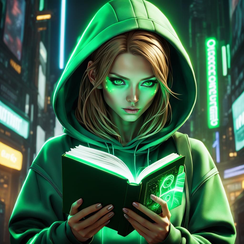 Anime Cyborg Girl Reading a Cybernetic Book
