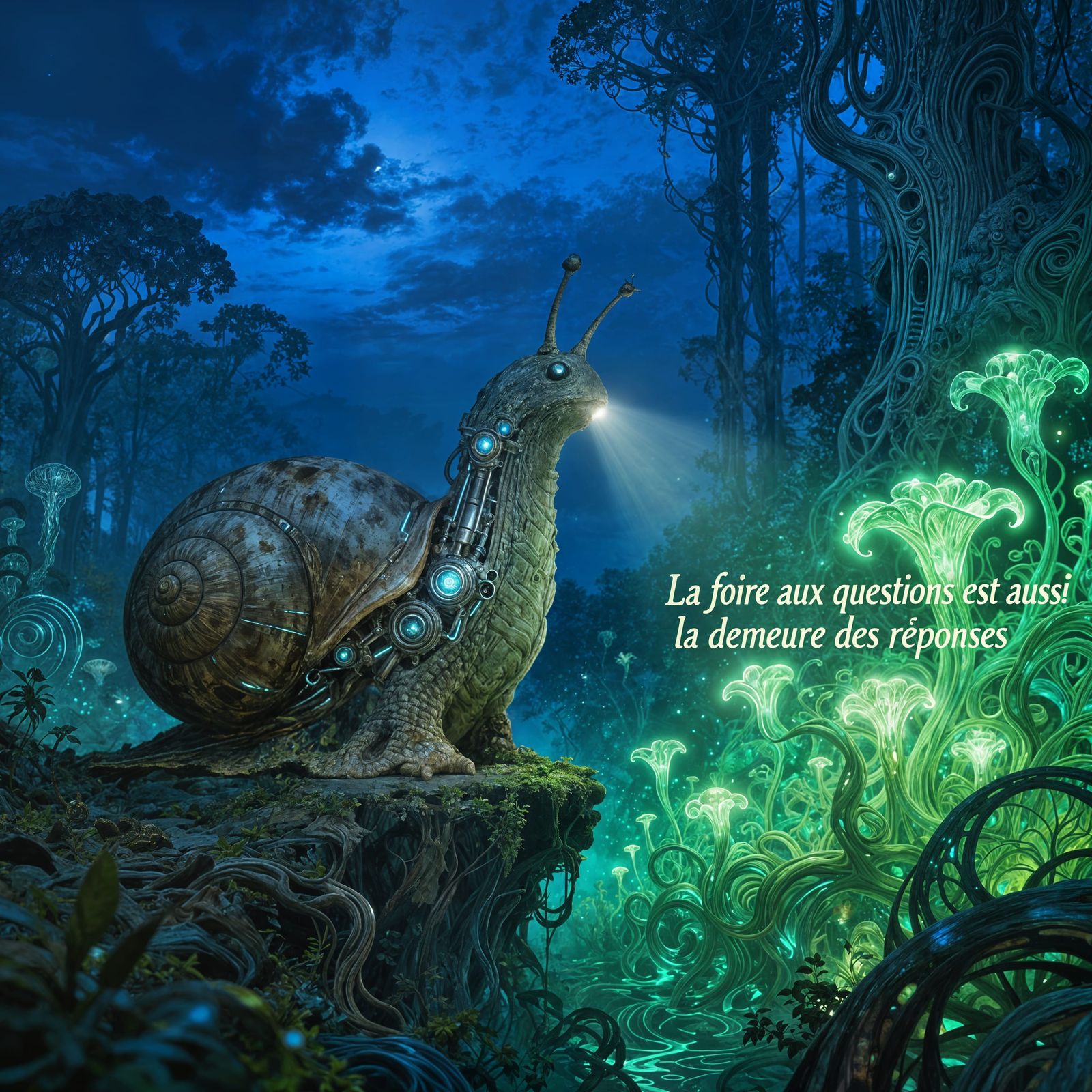 Cybernetic Snail in Bioluminescent Forest Twilight