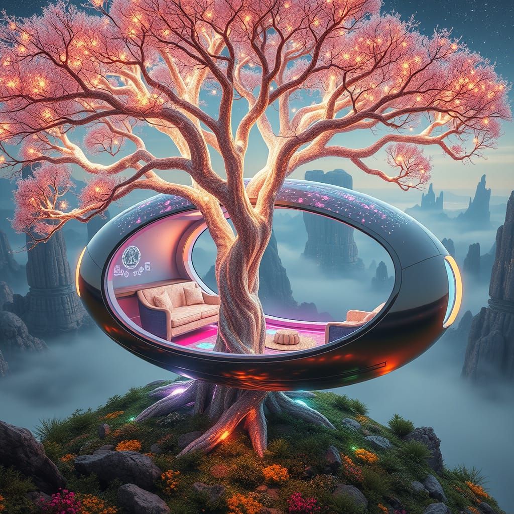 Futuristic Pod Home in Glowing Bioluminescent Tree on Alien ...