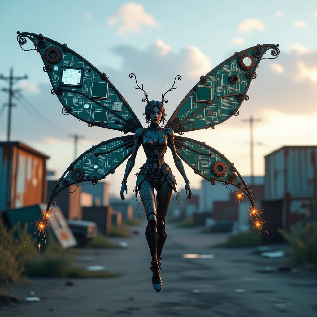 Cyberpunk Fairy Hovering Over Junkyard