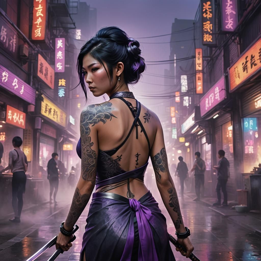 Neon City Katana: Asian Woman Portrait