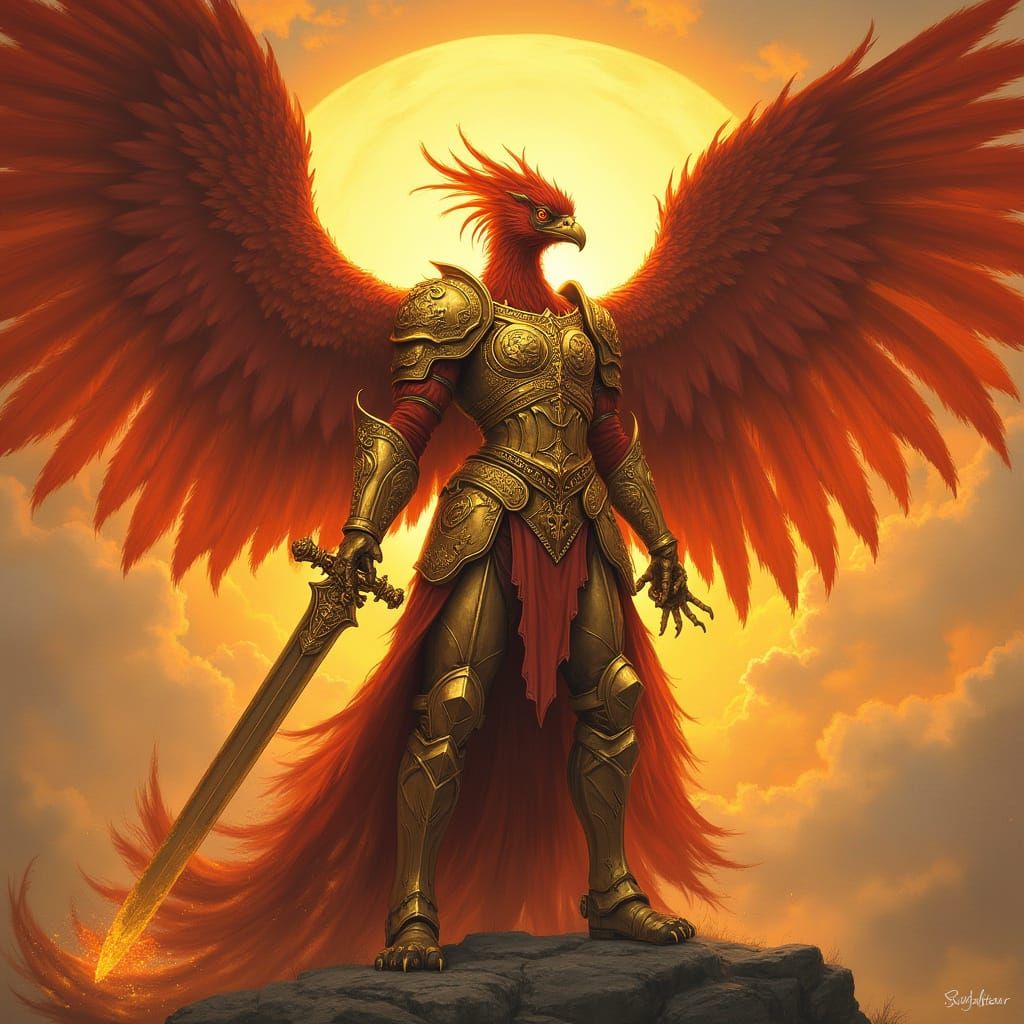 Epic Phoenix Warrior in Golden Armour and Sunset Backdrop