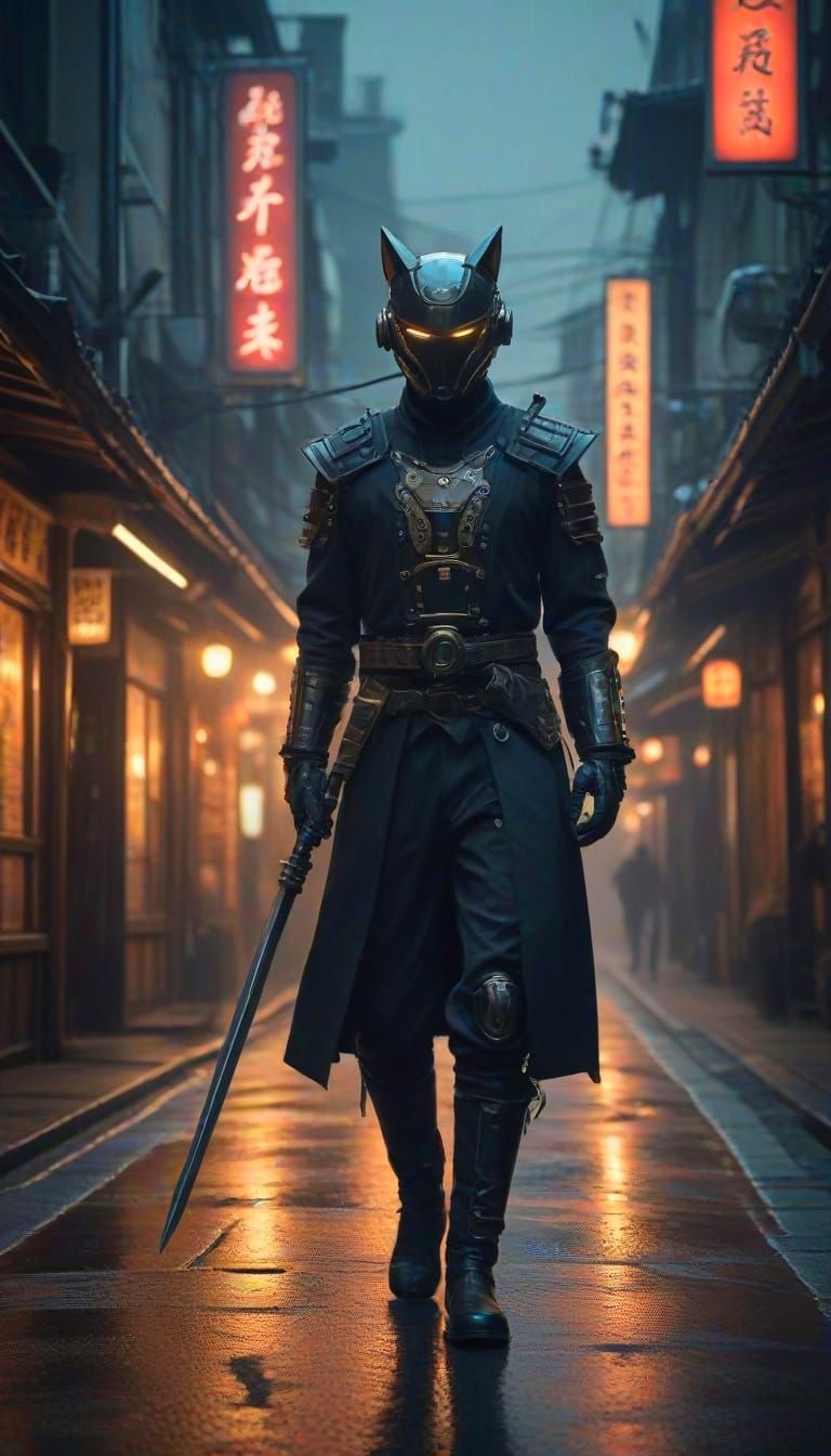Cyberpunk Samurai in Neon Kyoto Street