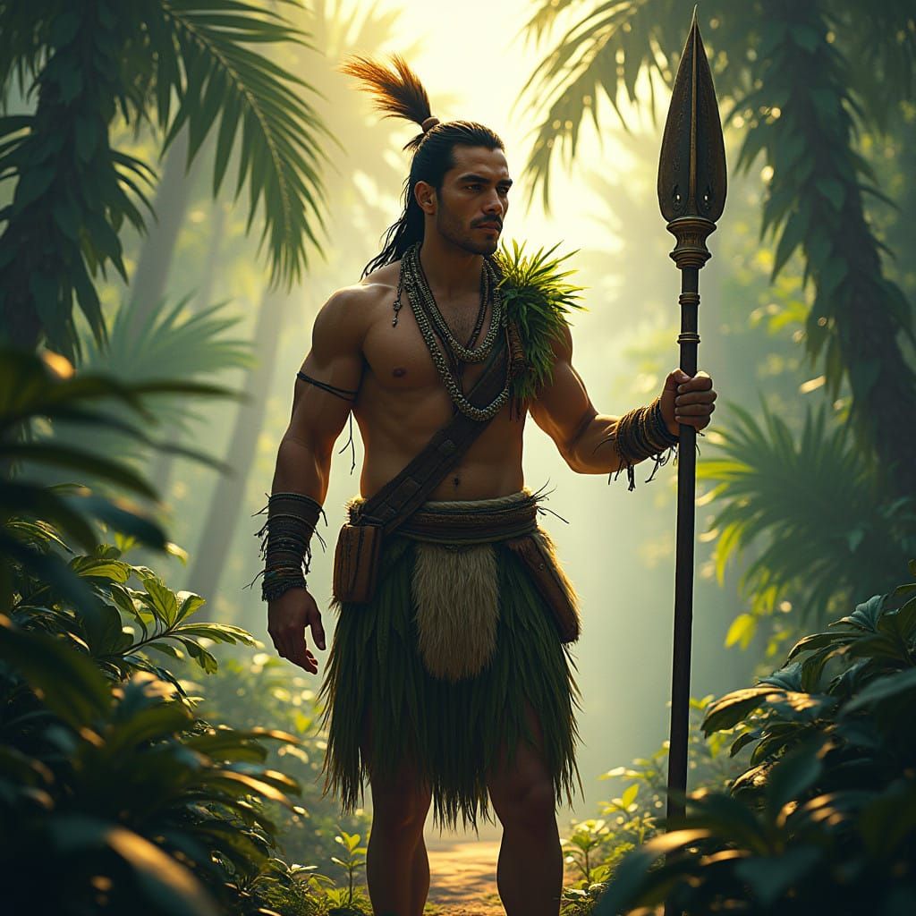 Majestic Hawaiian Warrior in Tropical Forest