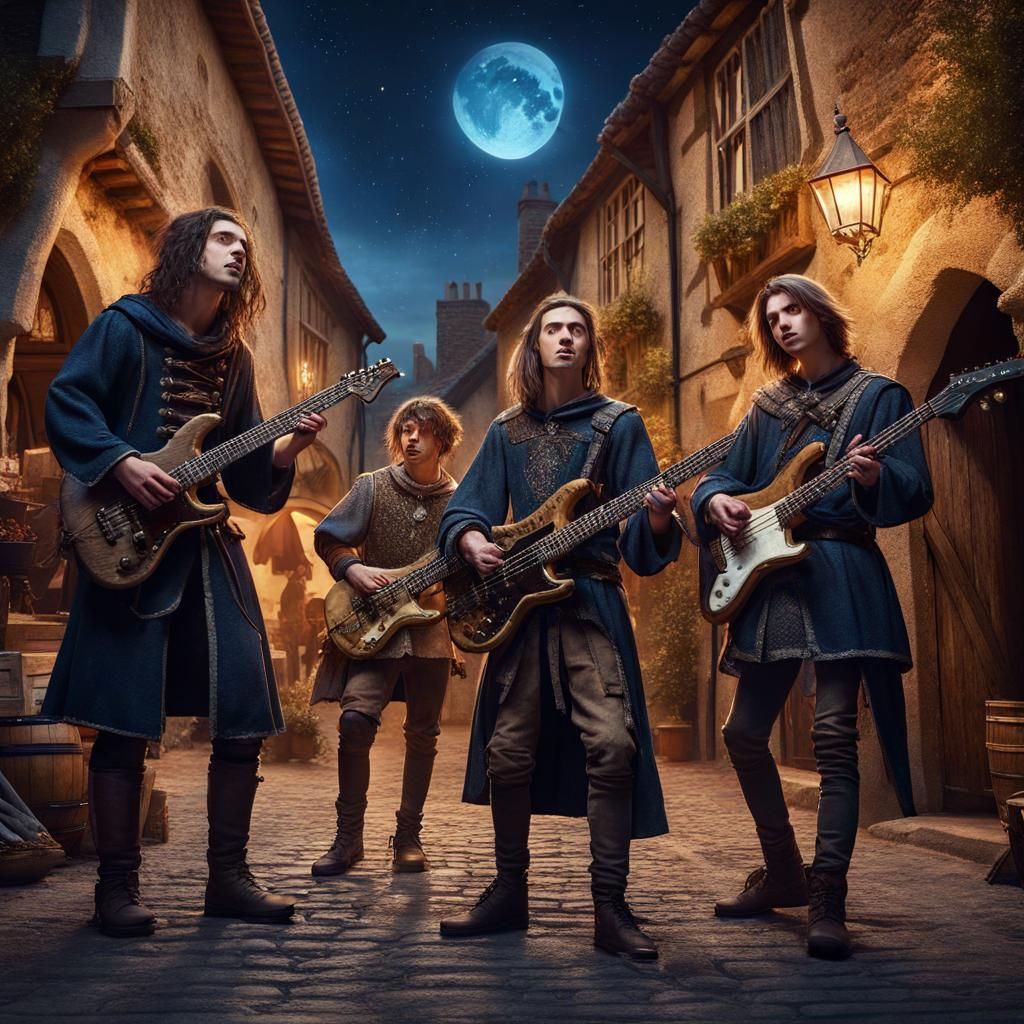 Rock Band Plays Medieval Street, Detailed Matte Painting