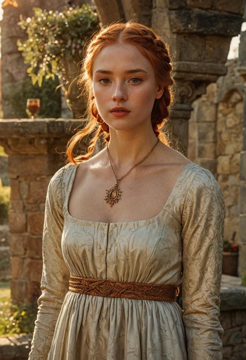 Medieval Princess in Pink Gown Gazing at Sea