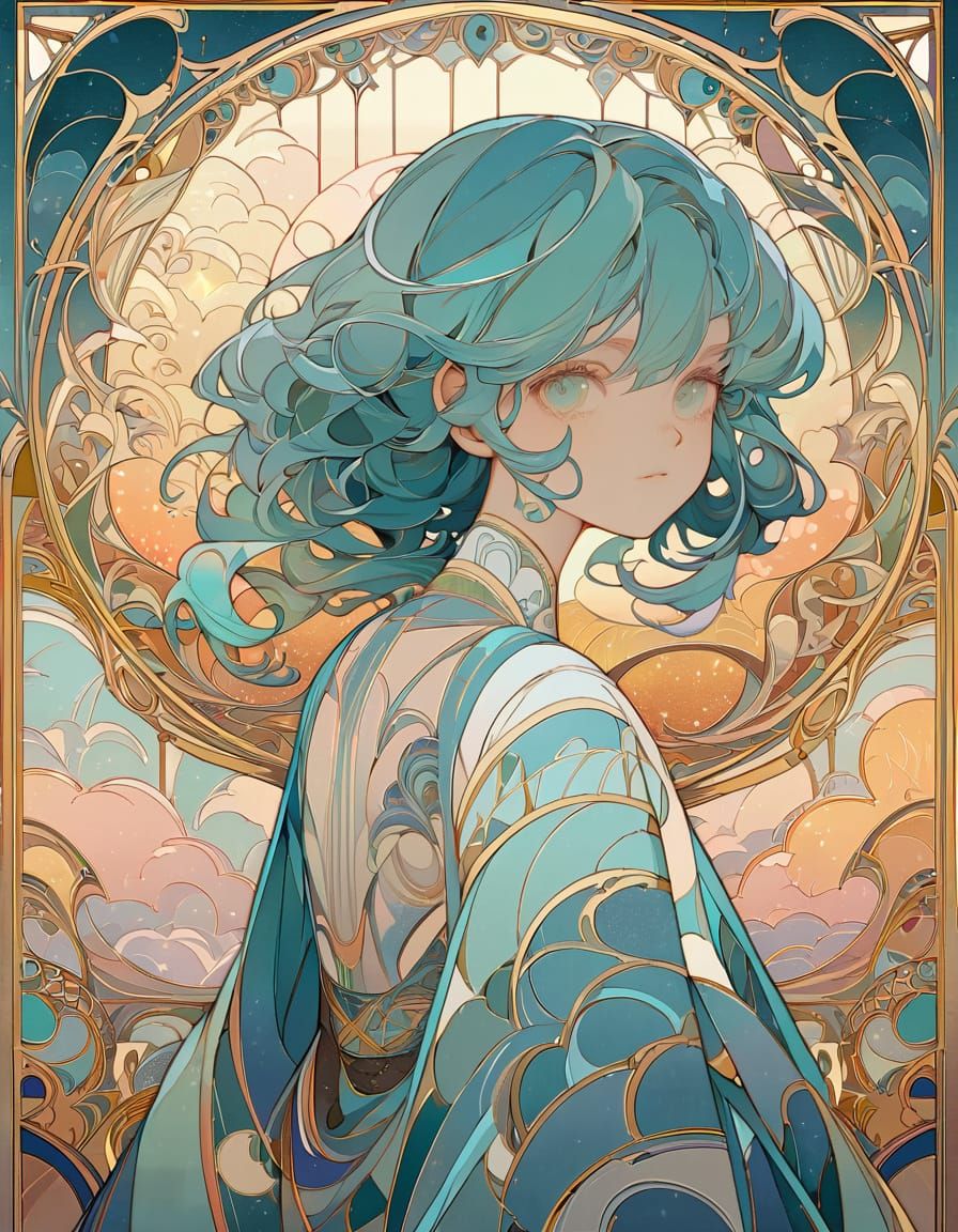 Art Deco Woman with Teal Hair and Celestial Markings