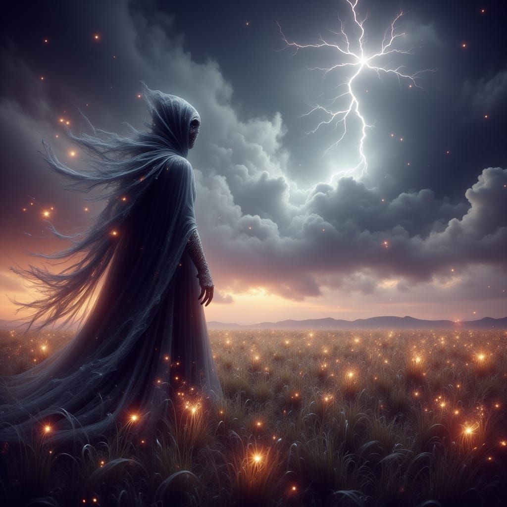 Stormy Victorian Figure in Dark Fantasy Landscape