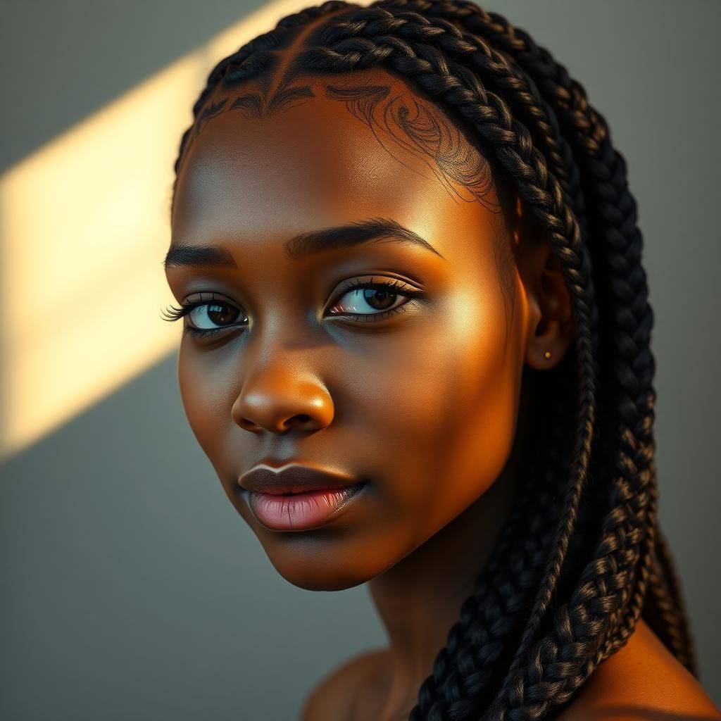 Hyperrealistic Portrait of a Young Woman with Braids