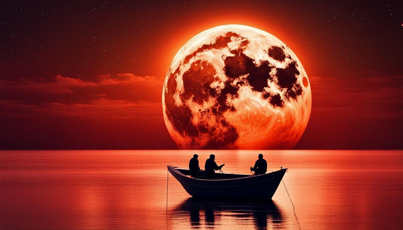 Fishermen Under Red Moon and Milky Way: Photorealistic Seasc...