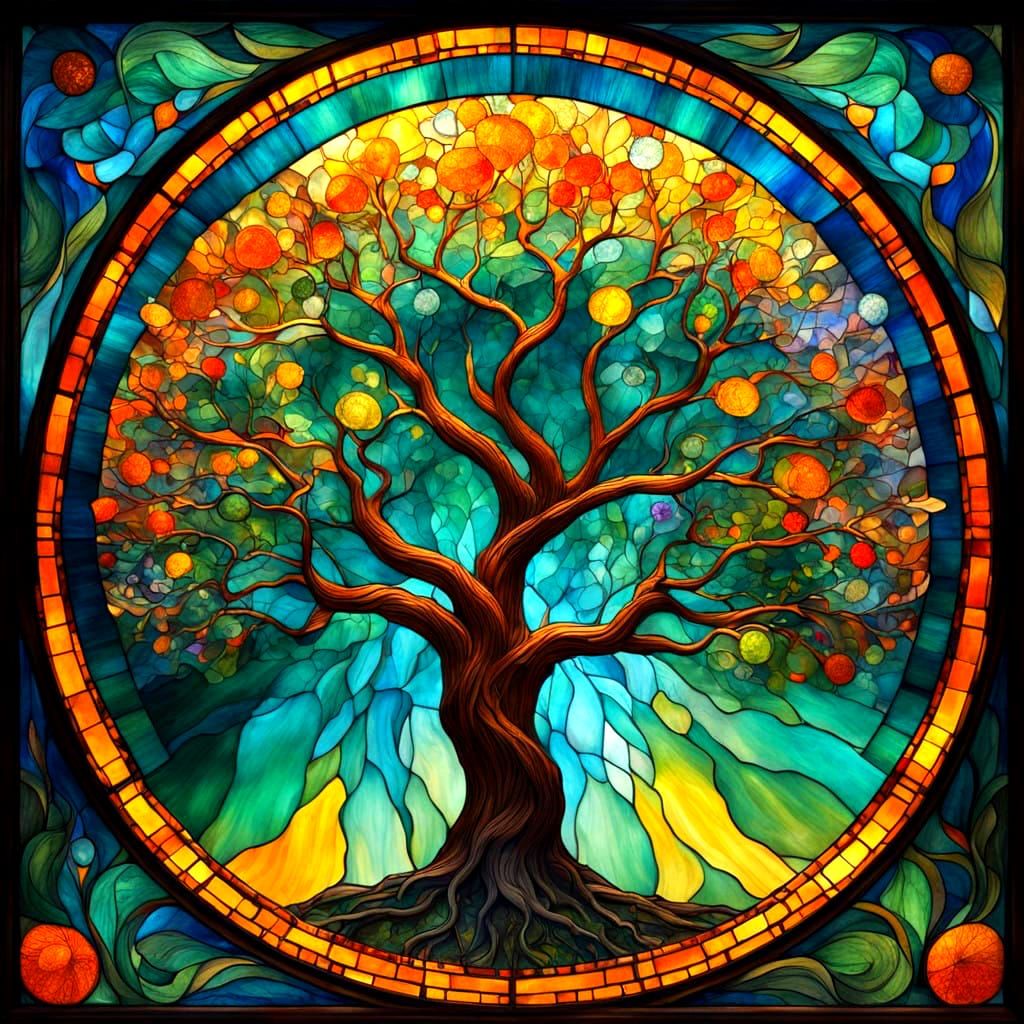 Vibrant Stained Glass Tree of Life in Radiant Colors