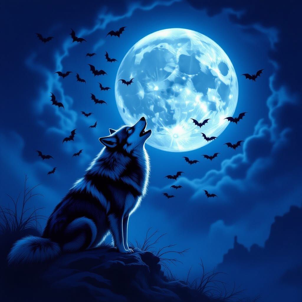 Wolf Howling at Moon with Ethereal Bats in Fantasy Art Style