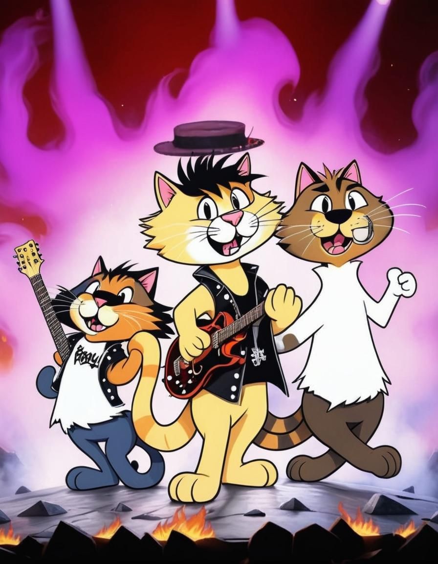 Cartoon Cats as Metal Rock Stars on Stage
