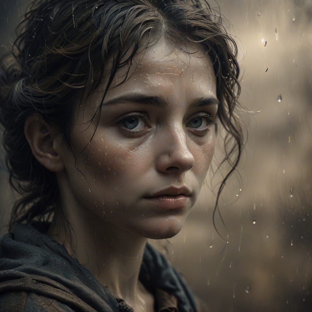 Melancholic Rainy Night Portrait in Charcoal