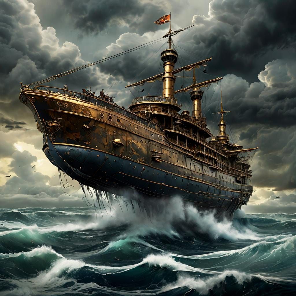 Steampunk Skyship Emerges from Storm Clouds