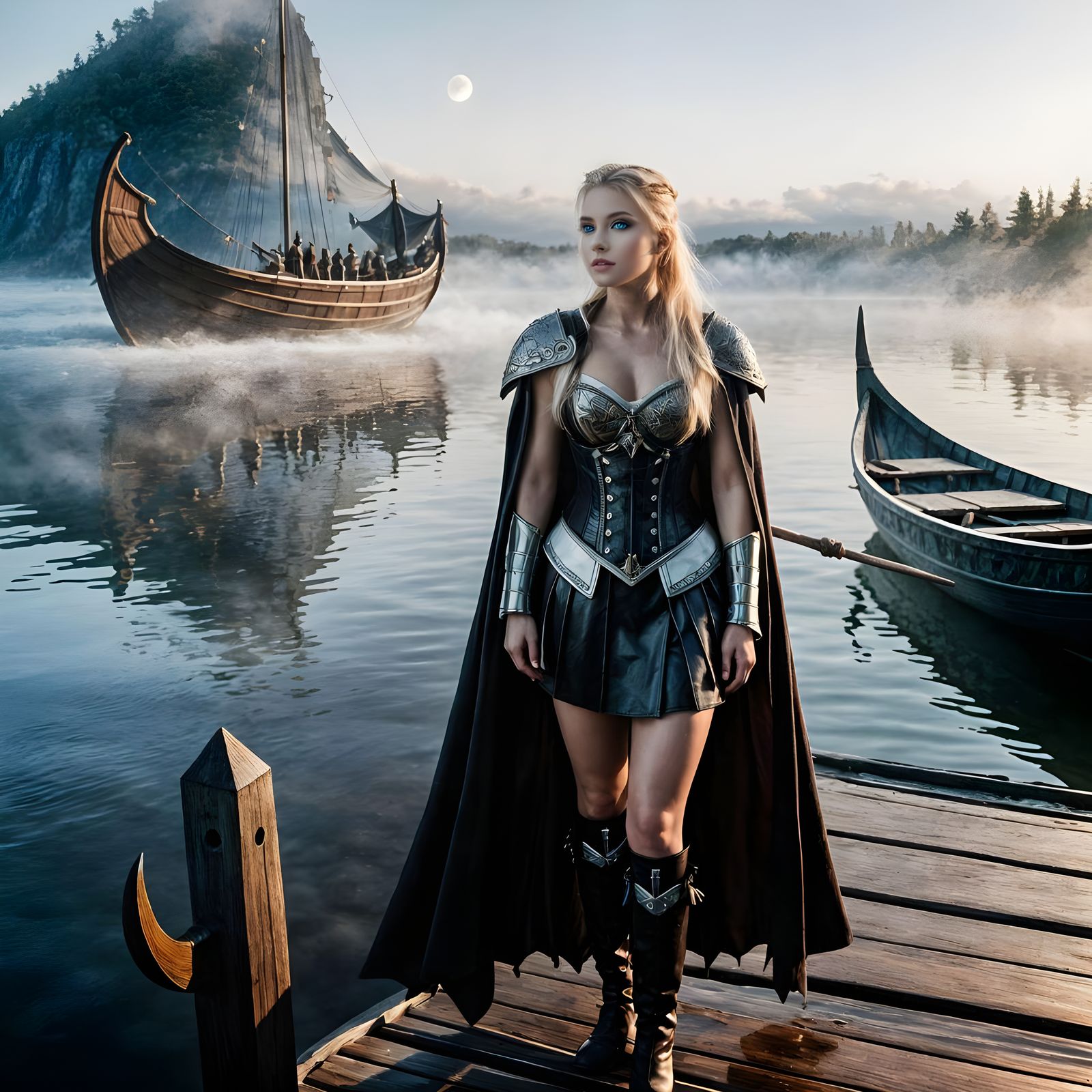 Viking Woman on Dock at Night