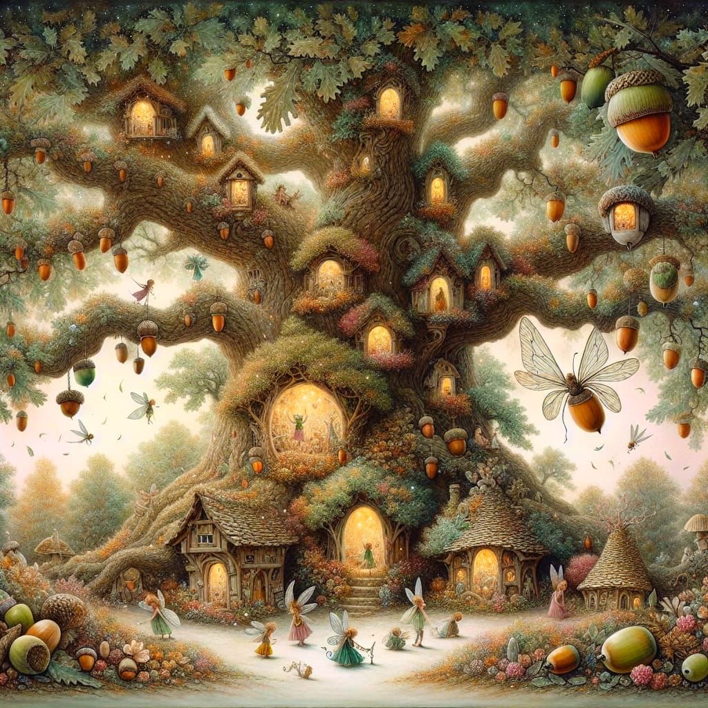 Whimsical Fairy Village in Giant Oak Tree Watercolour