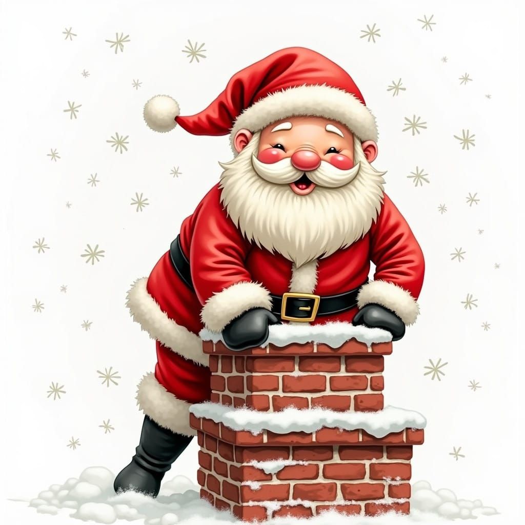 Whimsical Santa Claus Emerge from Brick Chimney with Twinkli...