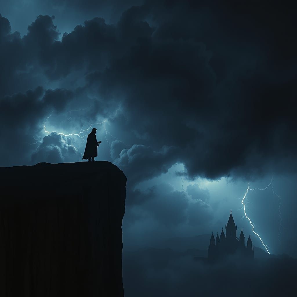 Gothic Stranger Silhouetted Against Turbulent Stormy Skies
