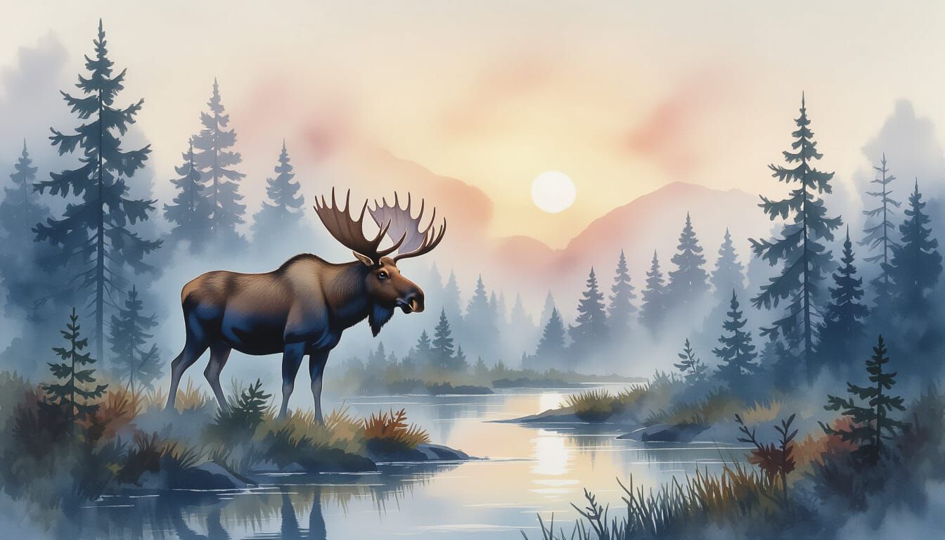 Moose in Foggy Norwegian Forest Watercolor Painting
