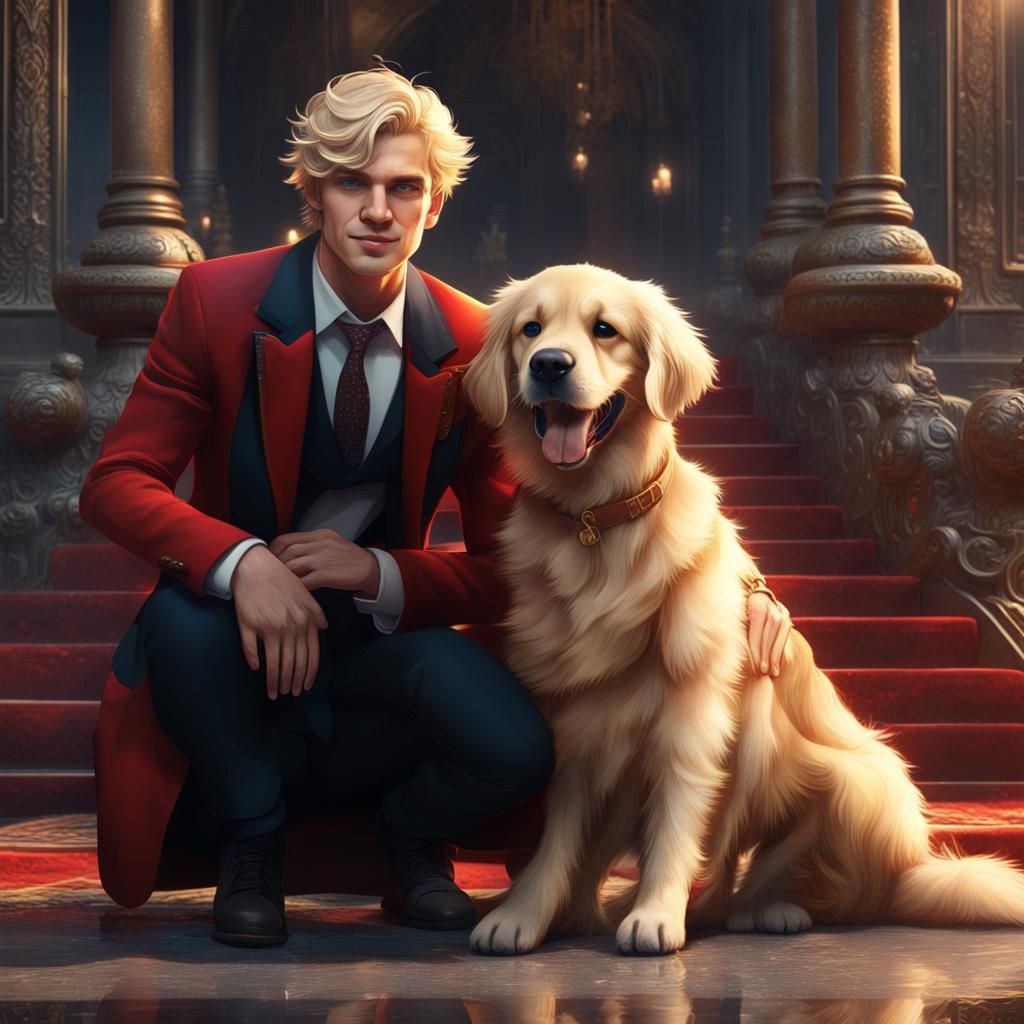 Blond Man with Retriever, Detailed Digital Art