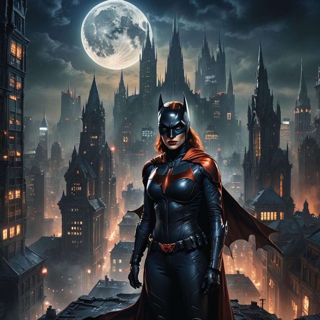 Heroic Batwoman in Gothic Cityscape, Unreal Engine 5