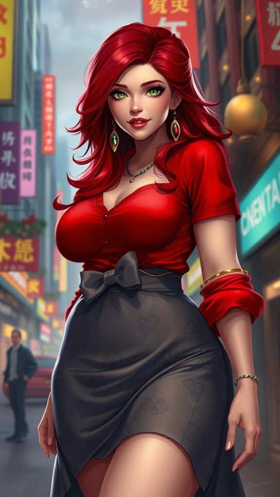 Beautiful Red Haired Fantasy Warrior in Festive City