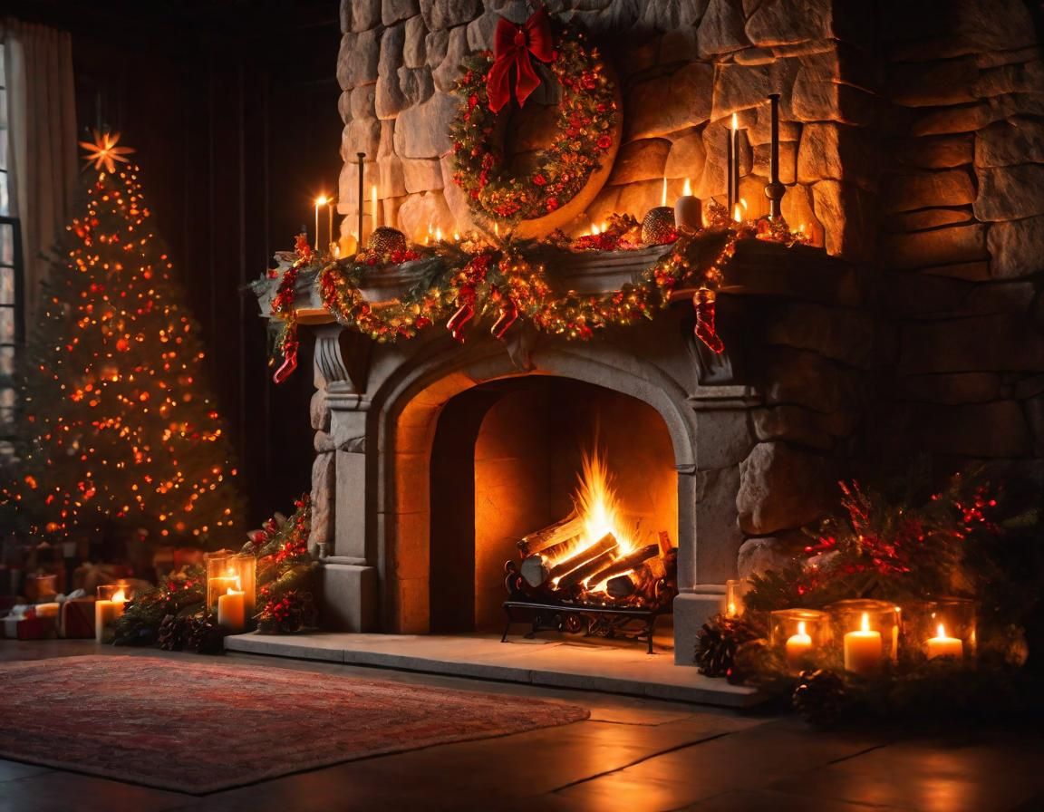 Cinematic Christmas Fireplace with Intricate Stone Arch