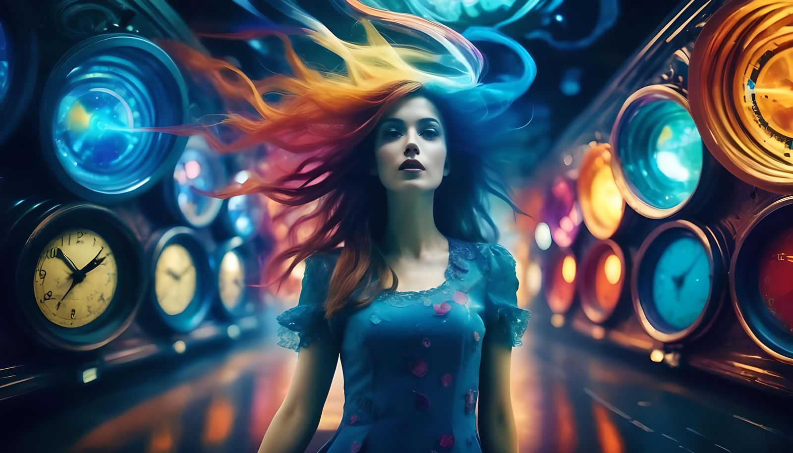 Ethereal Time Tunnel with Spheres and Clocks