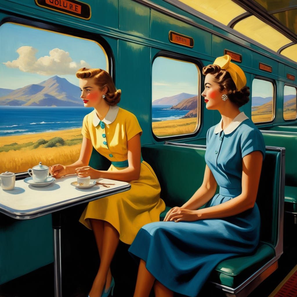 Women in 50s Dresses Enjoy Train View with Serene Ocean and ...