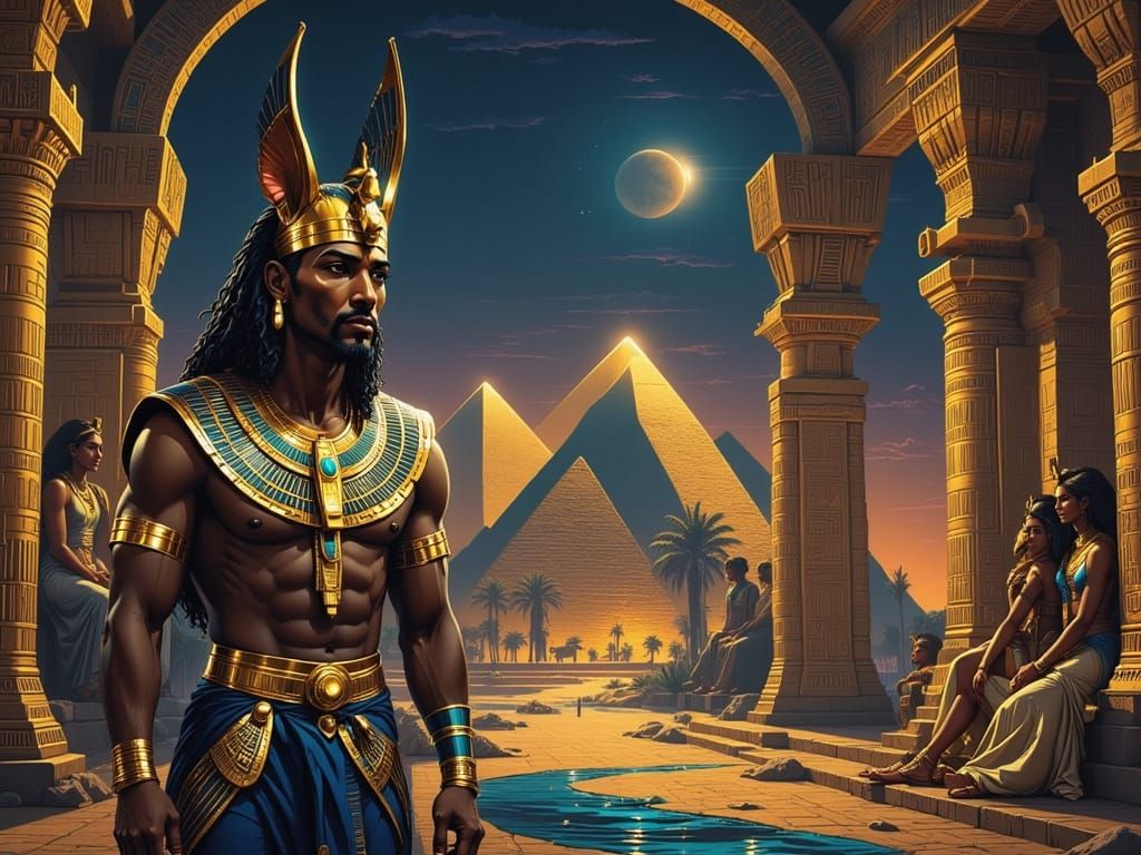 Anubis Overseeing His Domain in Synth-Wave Style