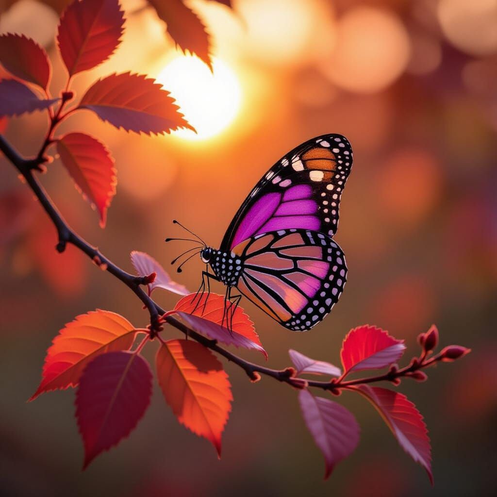 Violet Butterfly on Autumn Branch in Impressionist Style