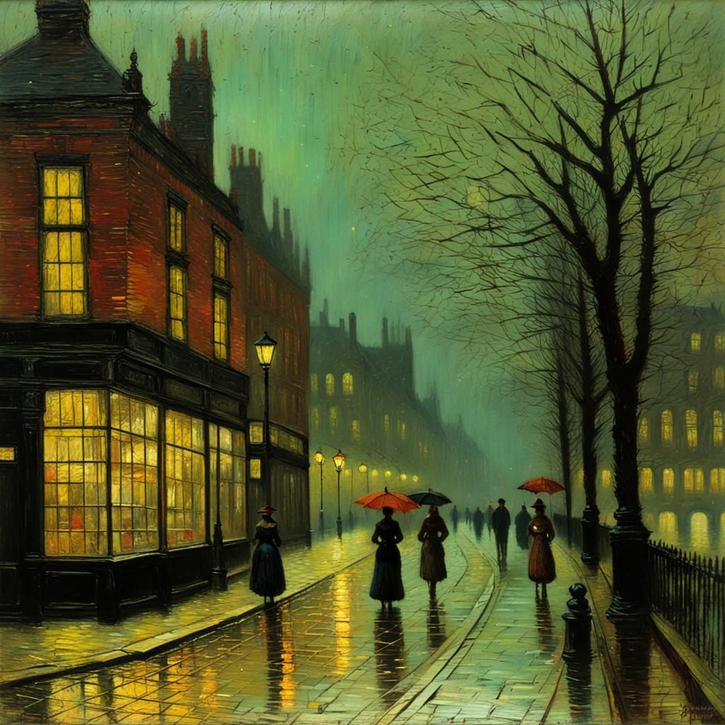 Rainy Riverwalk Impasto Painting in Expressionist Style