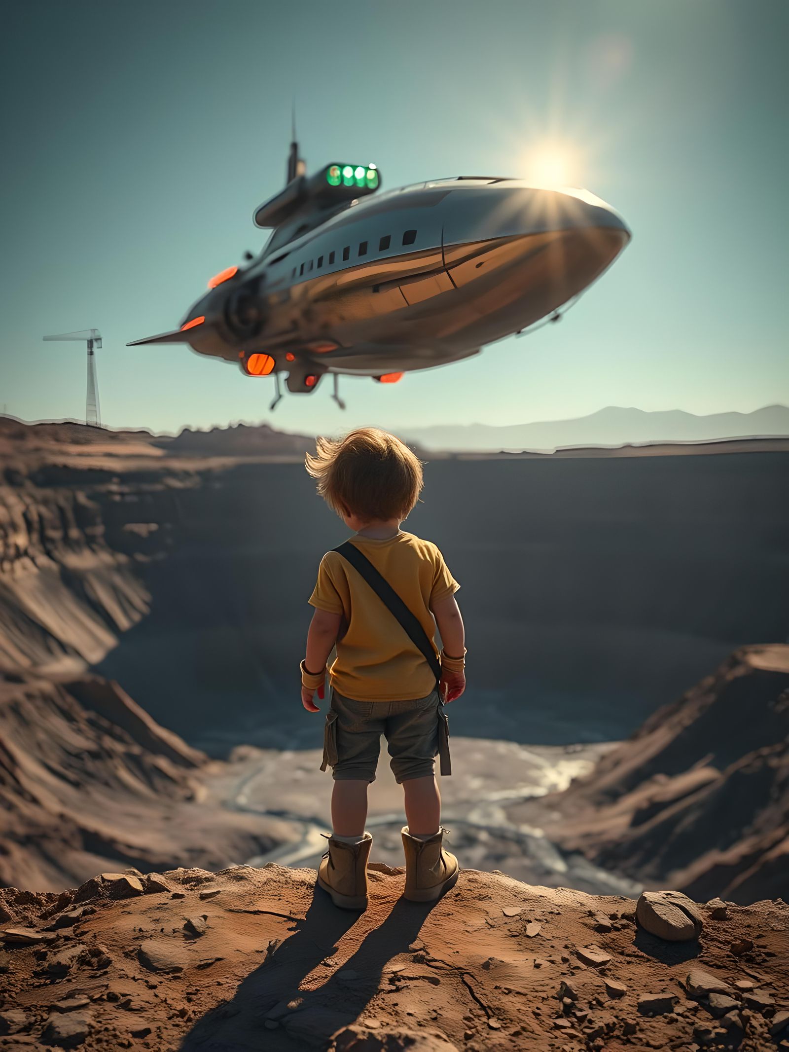 Retro Spaceship Over Open Pit Mine: Cinematic Digital Art