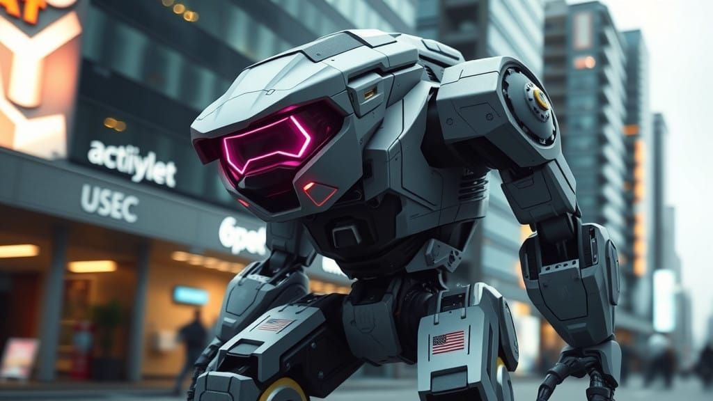 Cyber Mek in Futuristic Cityscape