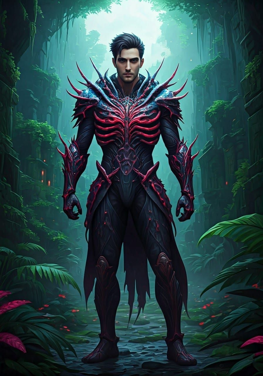 Bioluminescent Armor in Tropical Jungle, Fantasy Art