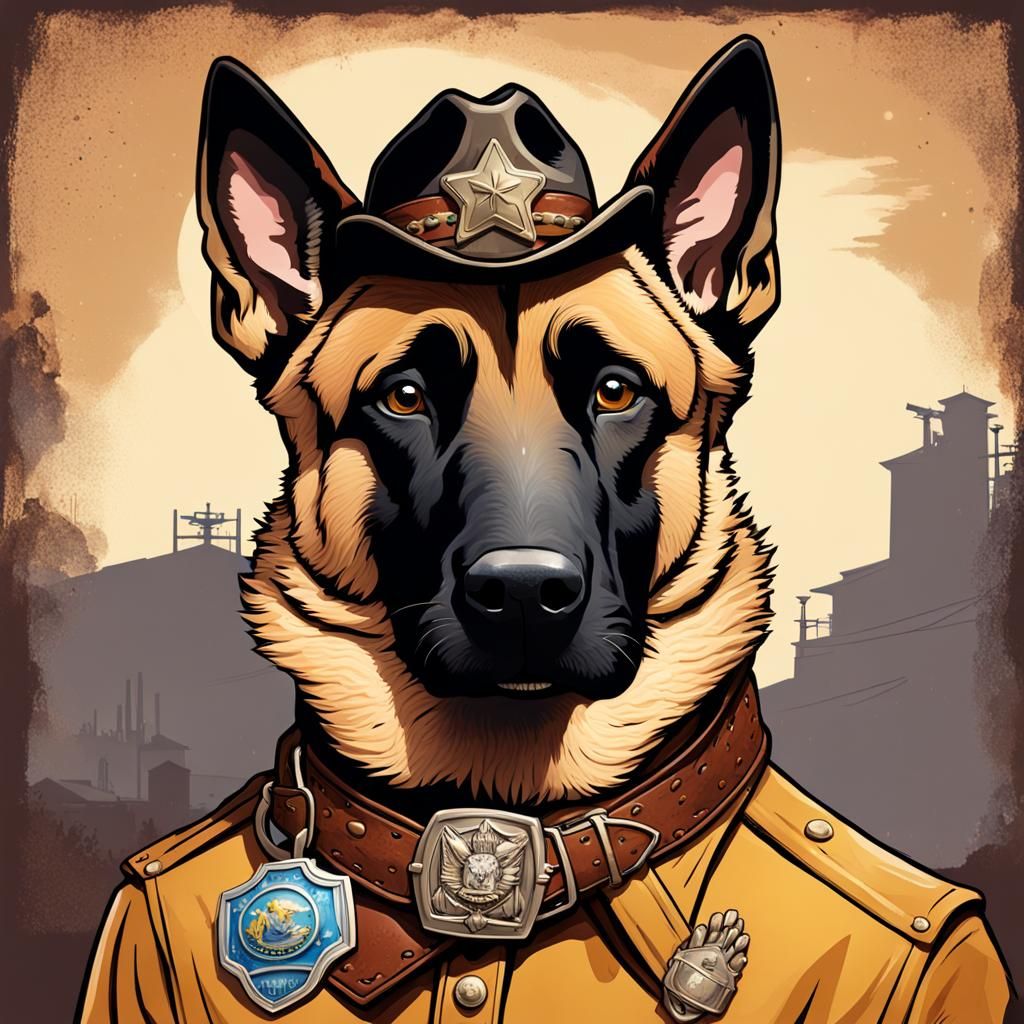 Anthropomorphic Belgian Malinois Sheriff in Western Town