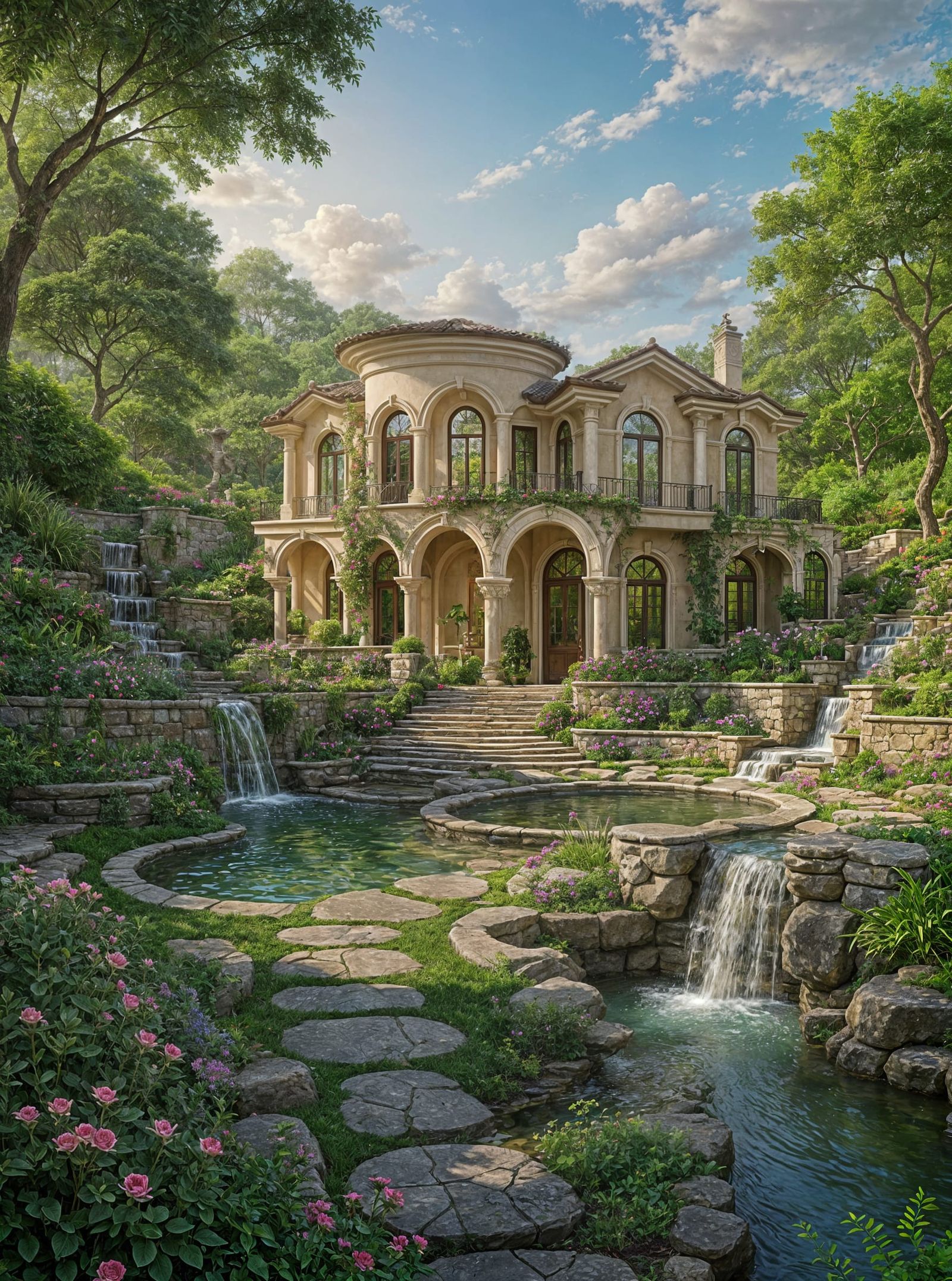 Upscale Luxurious Landscaping with Waterfalls and Stone Path...
