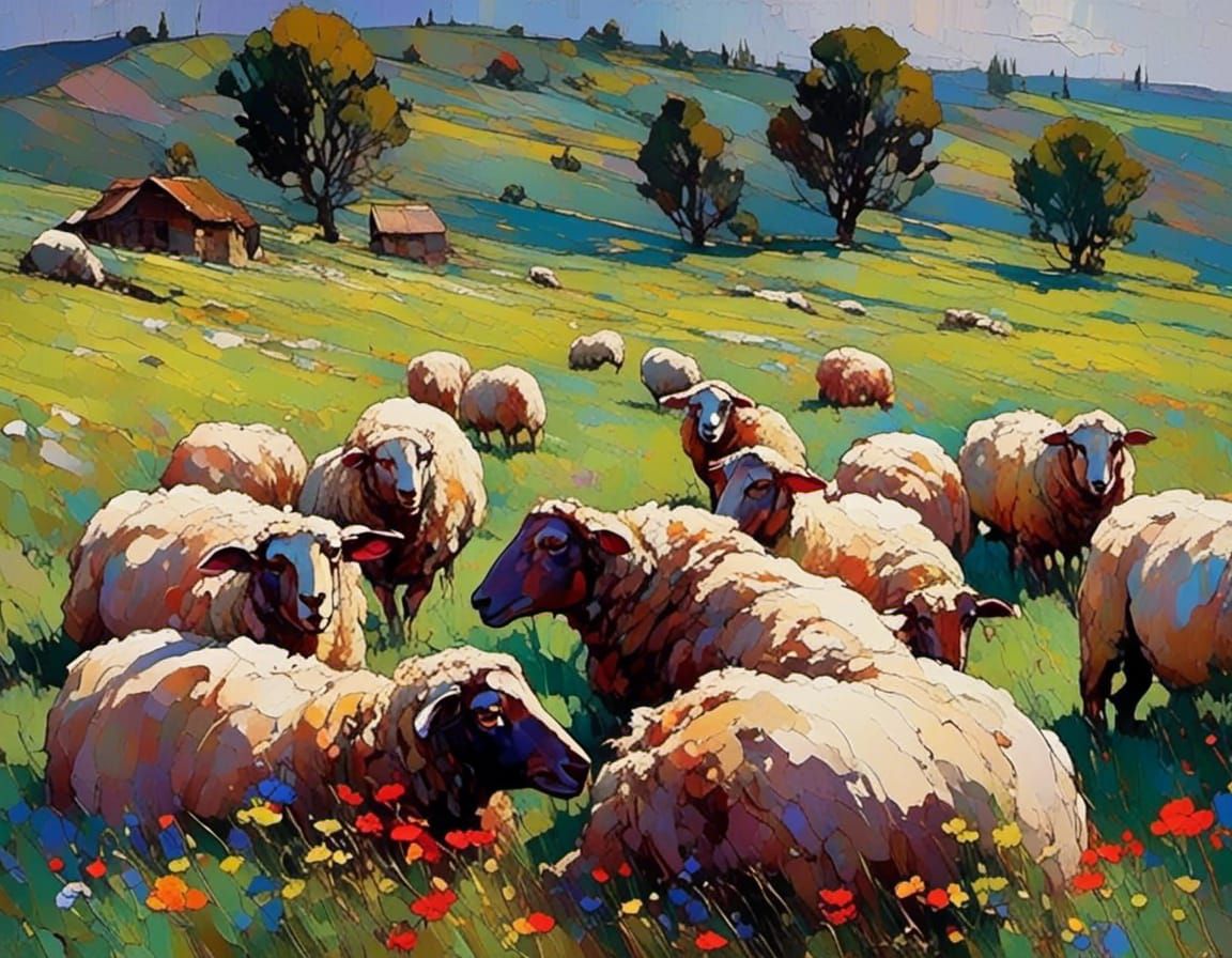 Impasto Sheep Grazing in Colorful Landscape