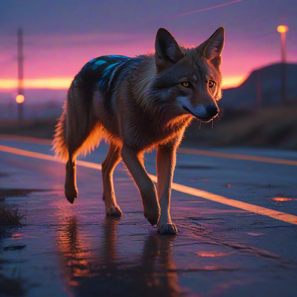 Cyberpunk Coyote Runs Through Neon Prairie at Sunset