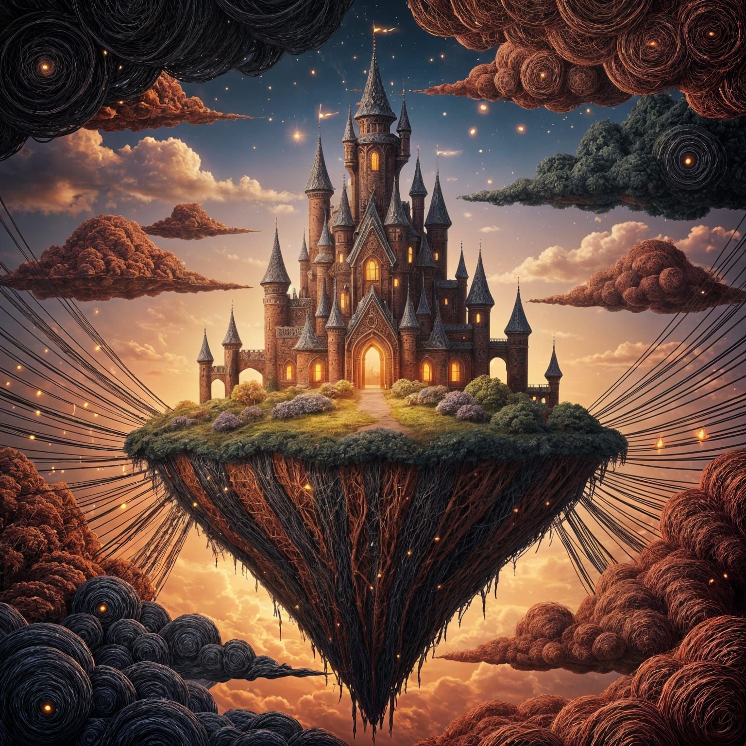 Majestic Castle on Floating Island Woven from Red and Black ...