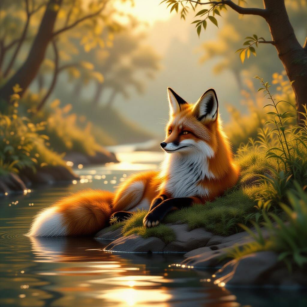 Serene Fox Lounging by River in Detailed Matte Painting