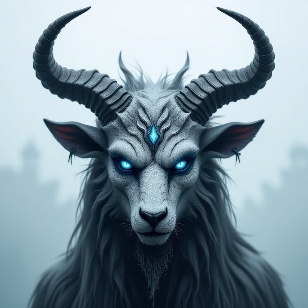 Diabolical Creature with Horns and Blue Eyes