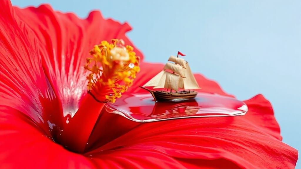 Hibiscus Flower with Ship Reflected in Dewdrop